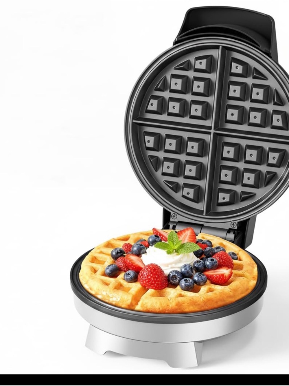 Round Silver Electric Waffle Maker - Black Nonstick Plates